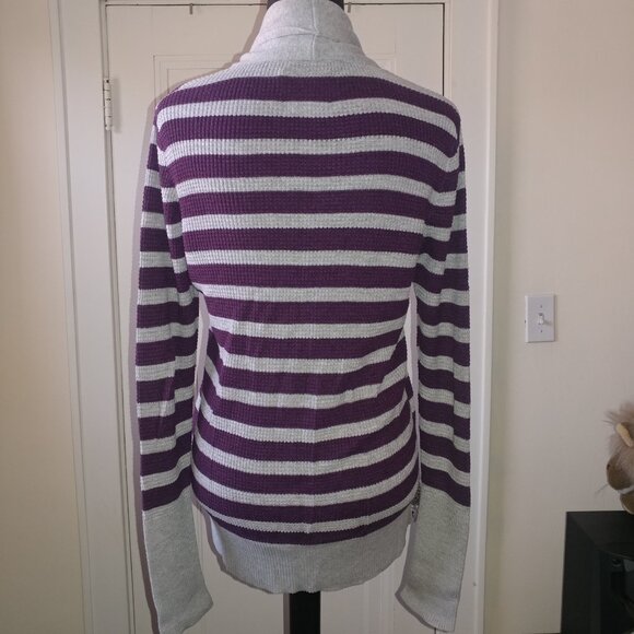 American Eagle: Purple & Grey Striped Waffle Knit Long Cardigan Sweater: Size L - Picture 5 of 9